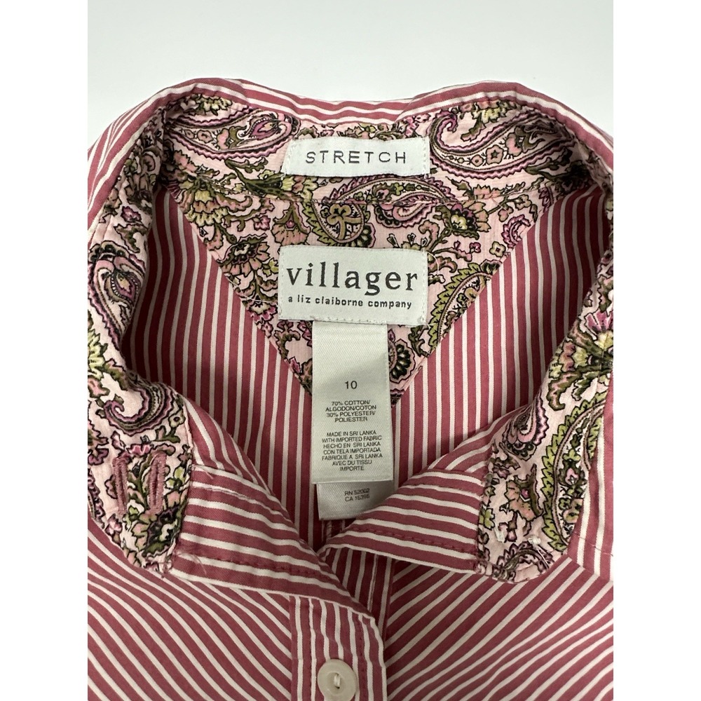 Villager Stretch Liz Claiborne Size 10 Women Striped Shirt Paisley Cuff Sleeves